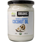 500ml glass jar of Every Bit Organic refined and deodorised coconut oil with a white and blue label.