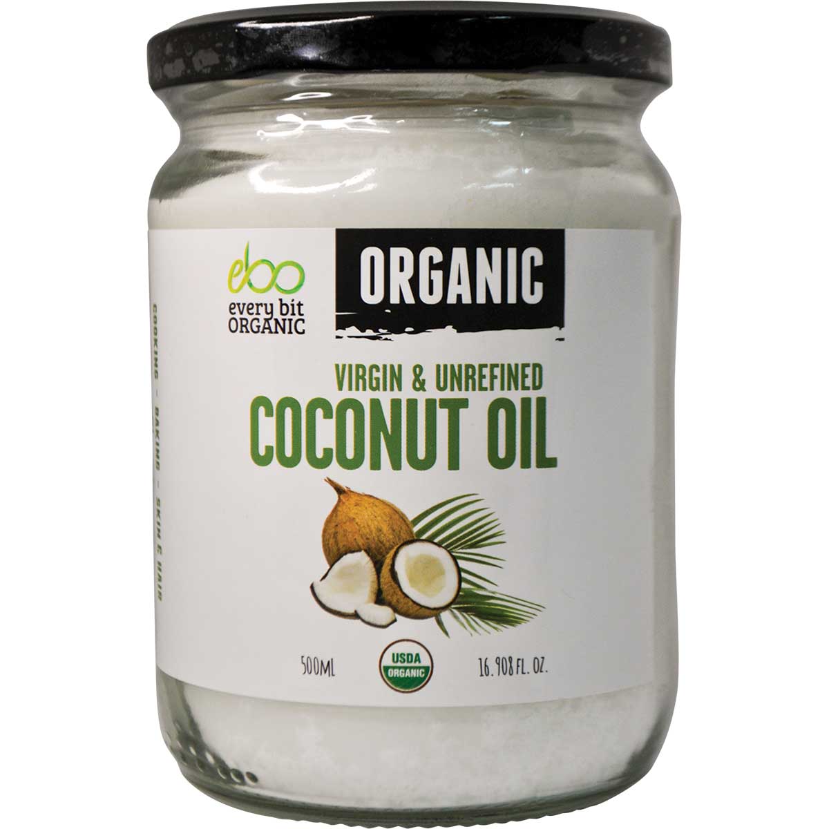 500ml glass jar of Every Bit Organic Virgin and Unrefined Coconut Oil with a white and blue label.