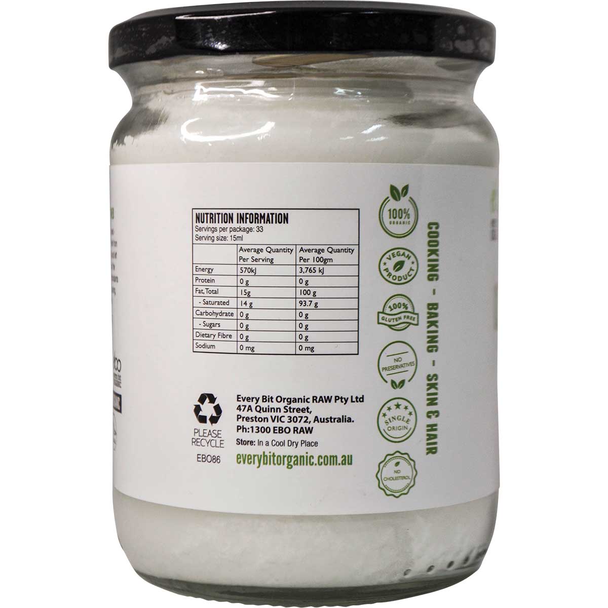 Side view of Every Bit Organic 500ml coconut oil jar showing the nutritional information panel and ingredients.