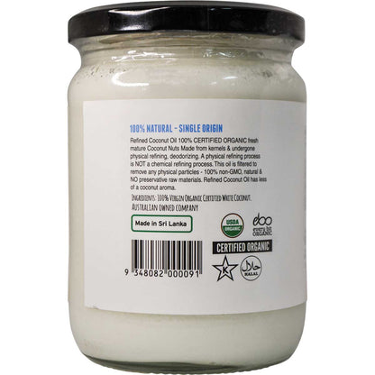 Side view of Every Bit Organic coconut oil jar highlighting product benefits and cold-pressed certification.