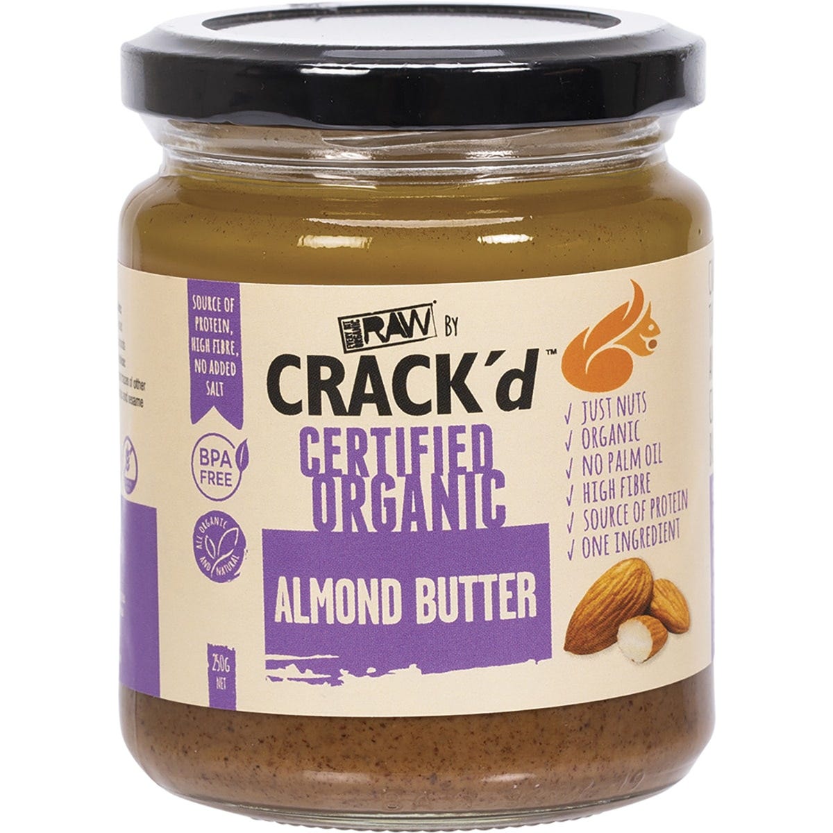 250g jar of Every Bit Organic Crack'd Almond Butter with a white and brown label on a white background.