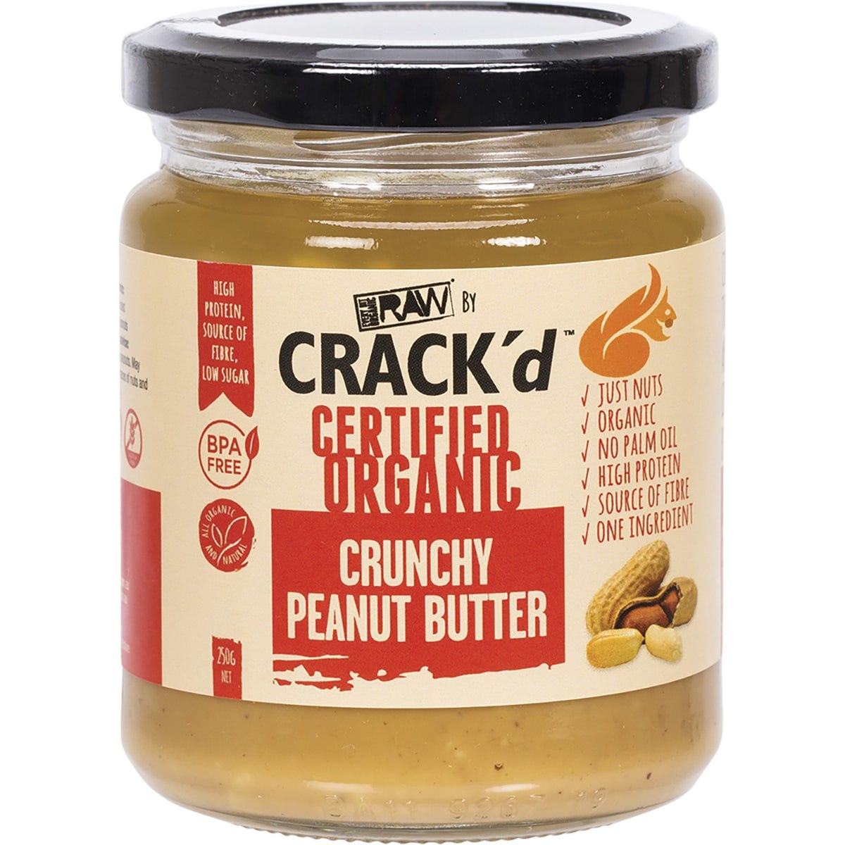 250g jar of Every Bit Organic Crack'd Crunchy Peanut Butter made from 100% roasted organic peanuts.