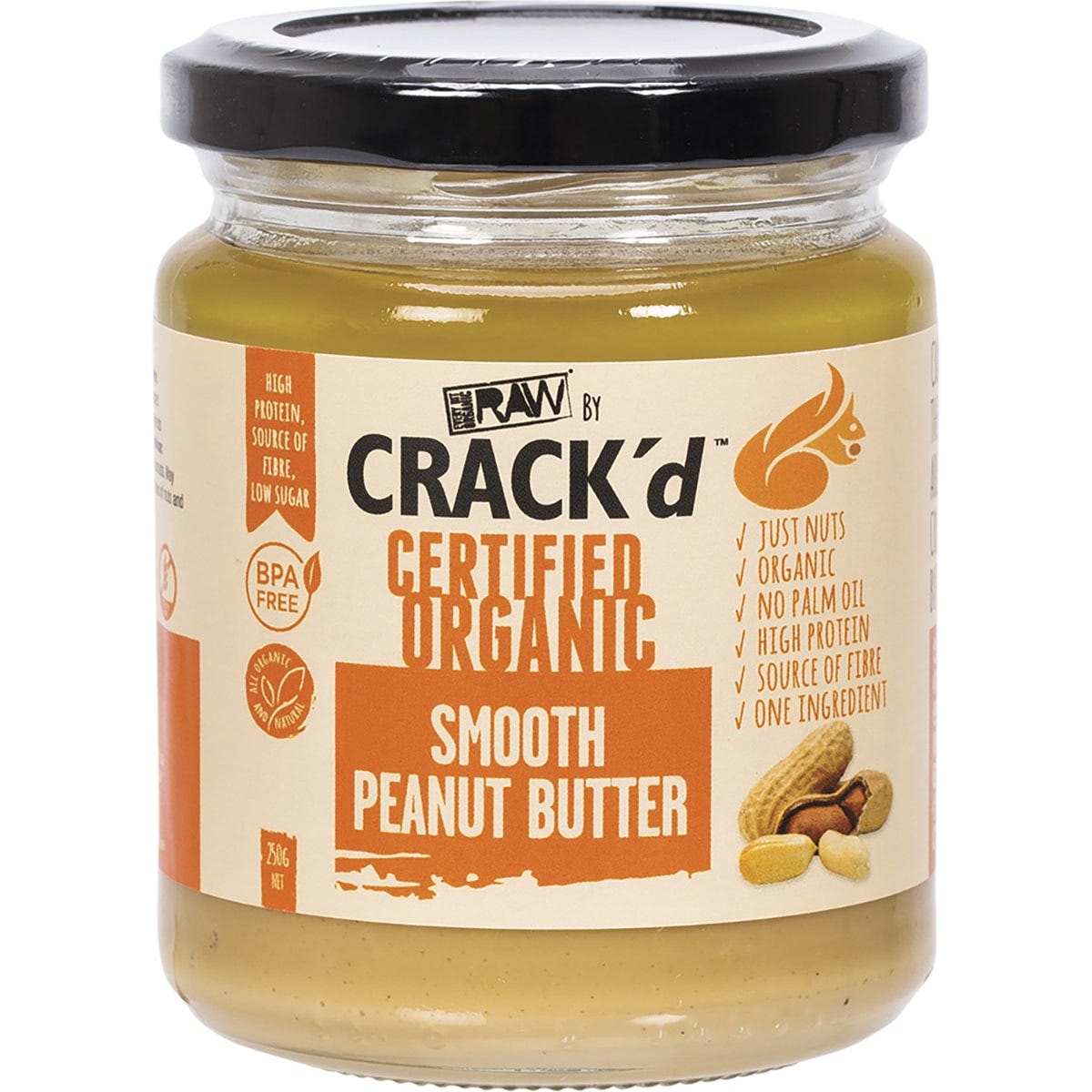 250g jar of Every Bit Organic Crack'd Smooth Peanut Butter with a white label and gold nut illustrations.