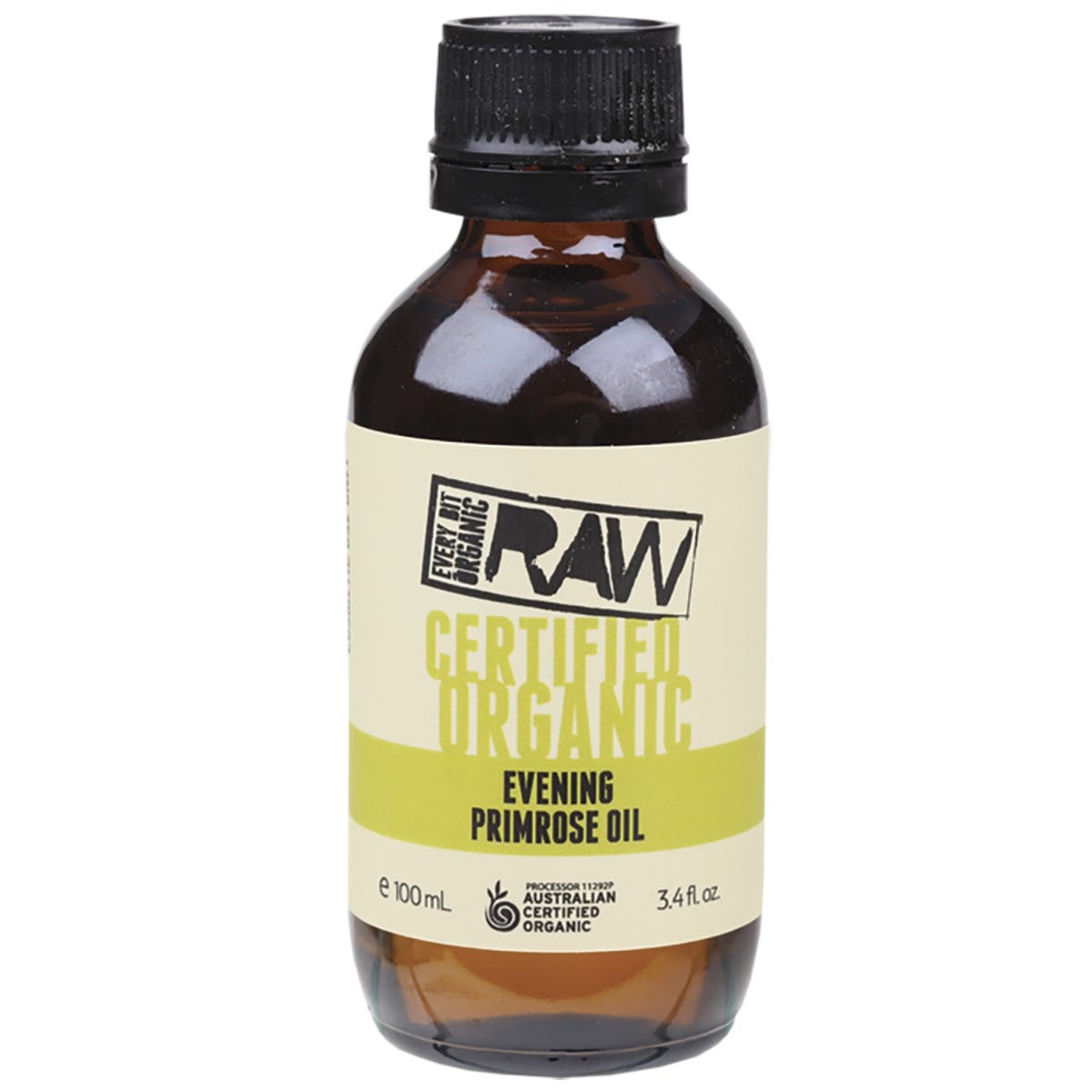 100ml bottle of Every Bit Organic Raw Evening Primrose Oil, cold-pressed and certified organic for skincare.