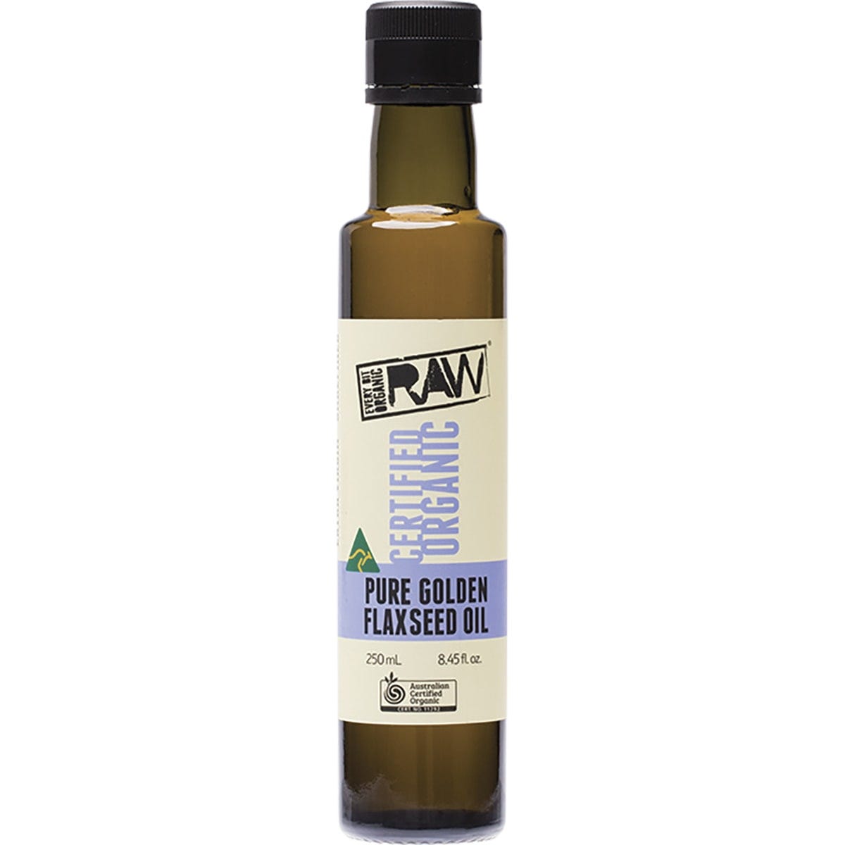 250ml bottle of Every Bit Organic Raw extra virgin cold-pressed flaxseed oil with a gold label on a white background.