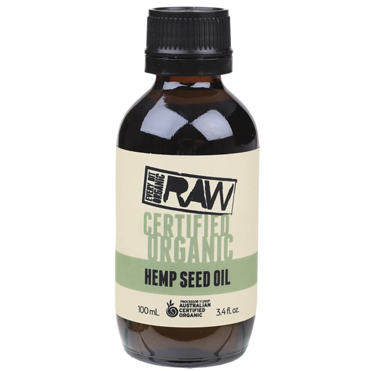 100ml amber glass bottle of Every Bit Organic Raw Hemp Seed Oil with a white label and green botanical illustrations.