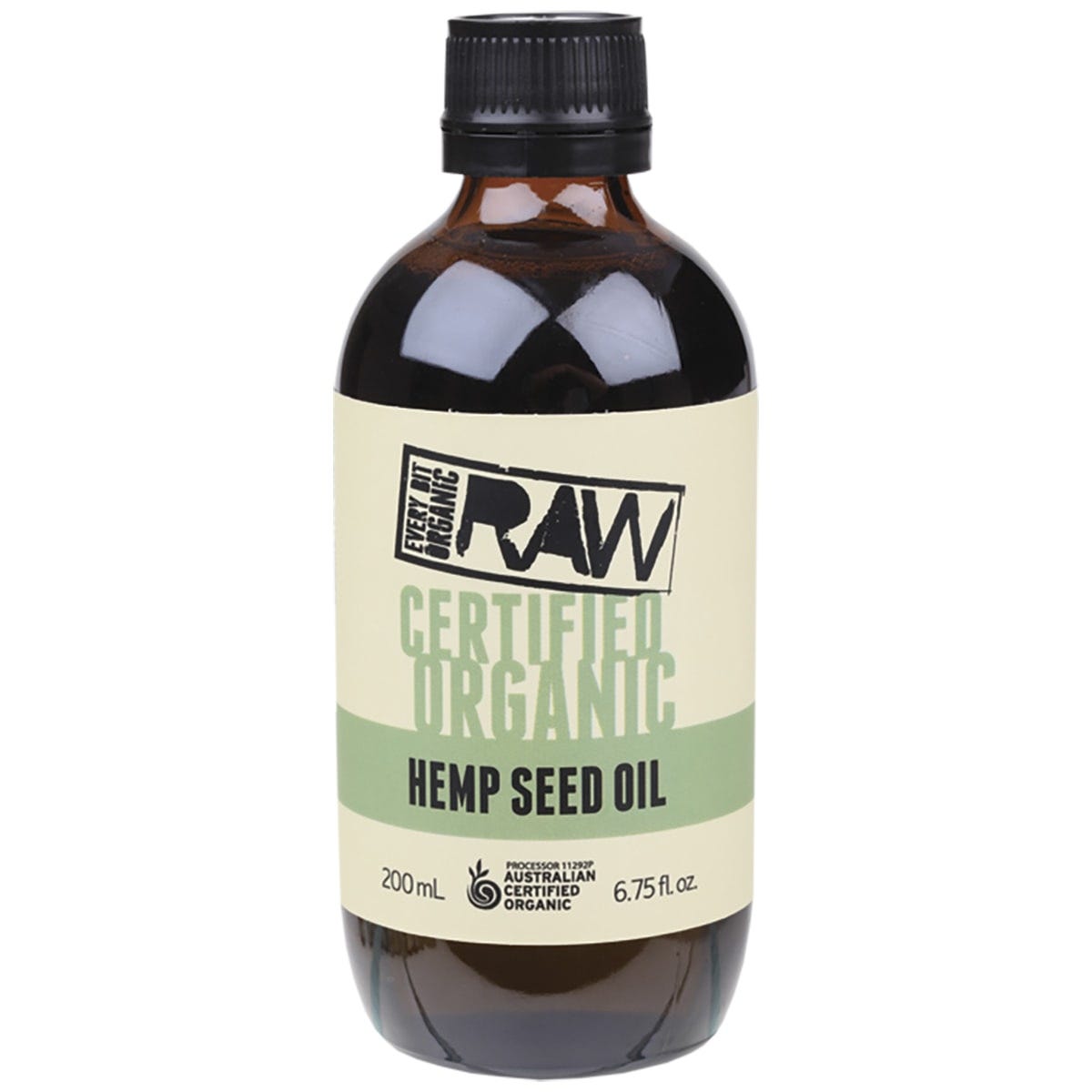 Every Bit Organic Hemp Seed Oil 200ml bottle with green and white labels, containing 100% certified organic oil.