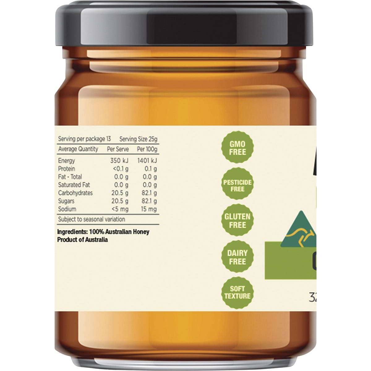 Side view of a 325g jar of Every Bit Organic Raw Honey showing nutritional facts and certified organic logos.