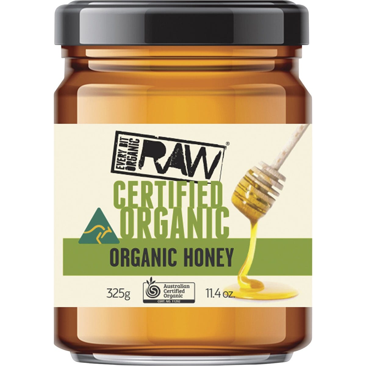 A 325g jar of Every Bit Organic Raw Honey with a yellow and black label on a white background.