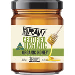 A 325g jar of Every Bit Organic Raw Honey with a yellow and black label on a white background.