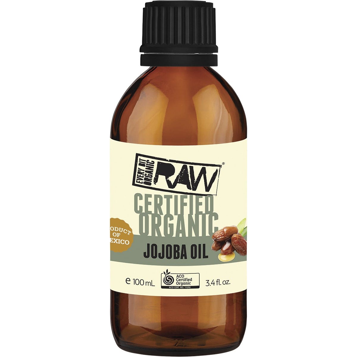 100ml bottle of Every Bit Organic Raw Jojoba Oil, a certified organic and vegan cold-pressed oil for skin and hair.
