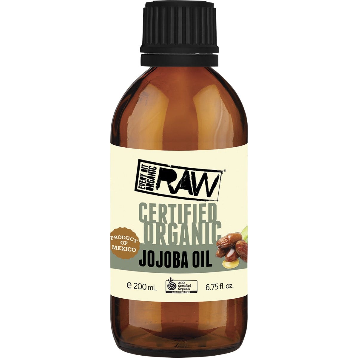 Every Bit Organic Jojoba Oil 200ml glass bottle with a yellow label and silver cap on a white background.