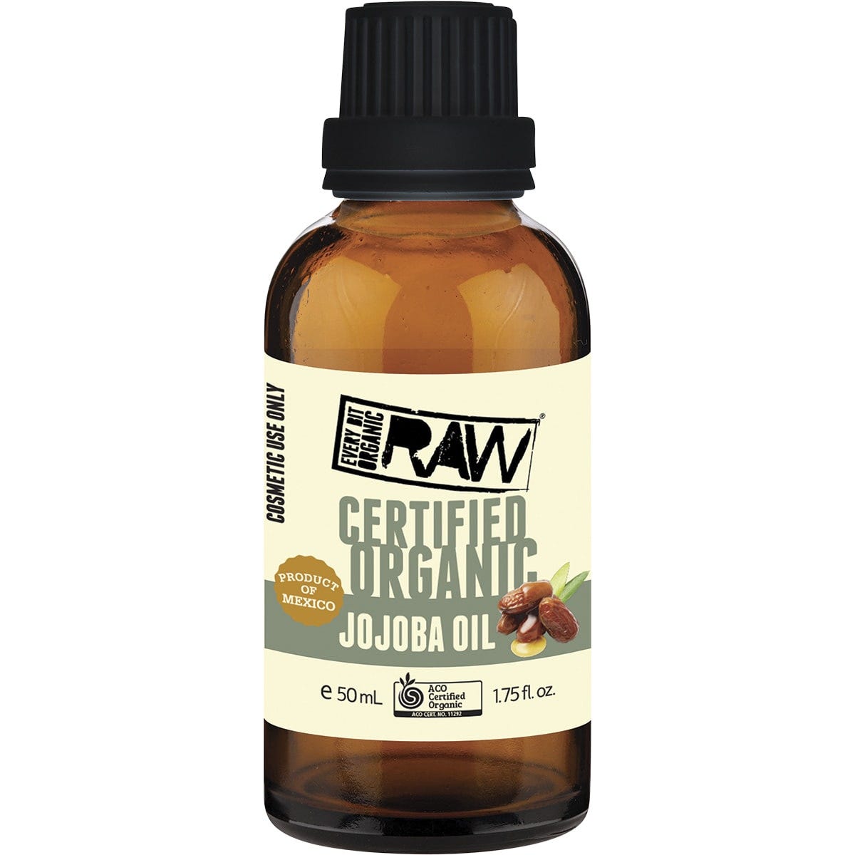 50ml bottle of Every Bit Organic Jojoba Oil, a cold-pressed raw oil for skin and hair, on a white background.
