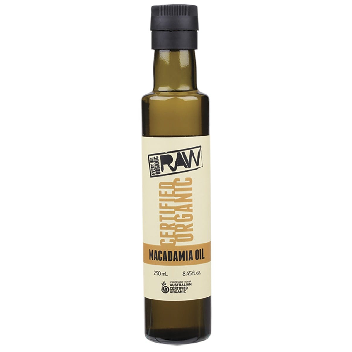 Every Bit Organic 250ml extra virgin cold-pressed unrefined macadamia oil bottle on a white background.