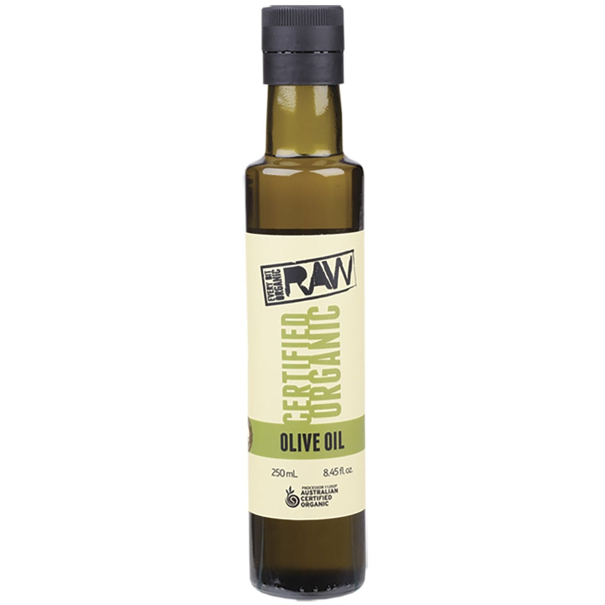 Every Bit Organic Raw extra virgin olive oil 250ml in a dark glass bottle with a white and green label.