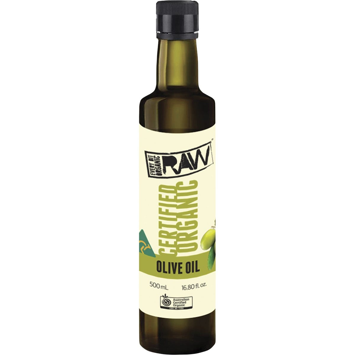 500ml glass bottle of Every Bit Organic extra virgin raw olive oil with a dark green label and gold accents.