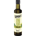 500ml glass bottle of Every Bit Organic extra virgin raw olive oil with a dark green label and gold accents.