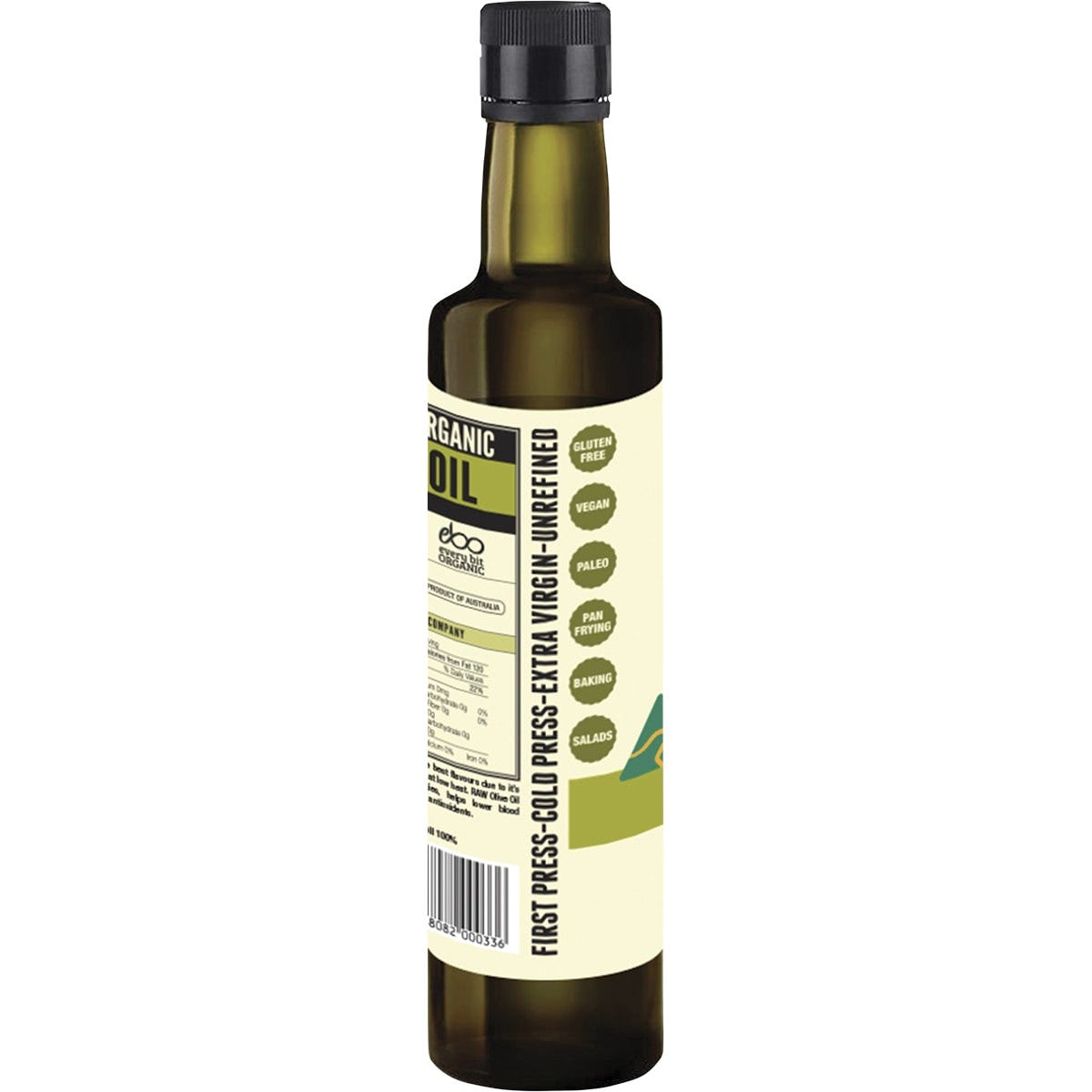 Back of Every Bit Organic 500ml olive oil bottle showing nutrition facts, ingredients, and organic certification.