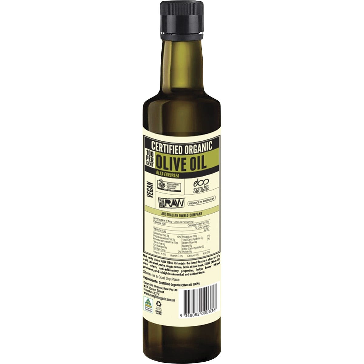 500ml glass bottle of Every Bit Organic extra virgin olive oil with a dark green label on a white background.