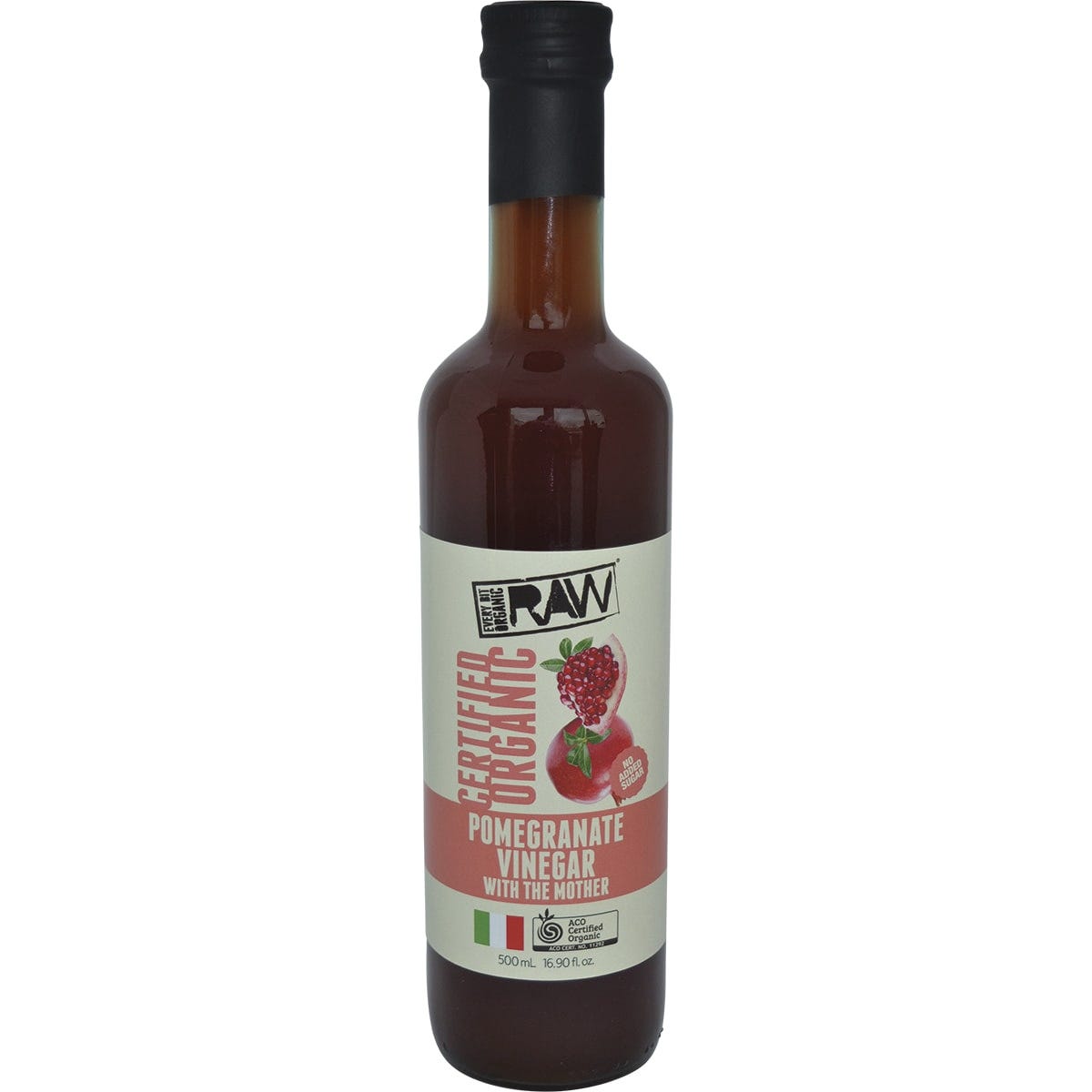 Every Bit Organic Pomegranate Vinegar with the Mother 500ml glass bottle featuring a purple and white label.