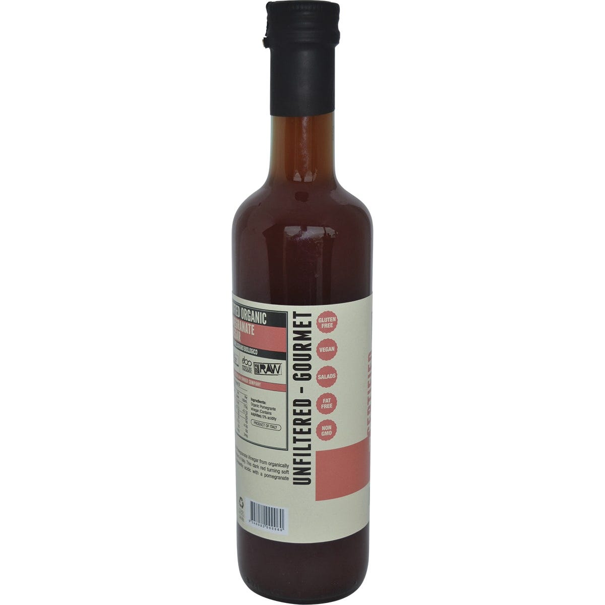 Six 500ml glass bottles of Every Bit Organic Pomegranate Vinegar with the Mother featuring purple labels.