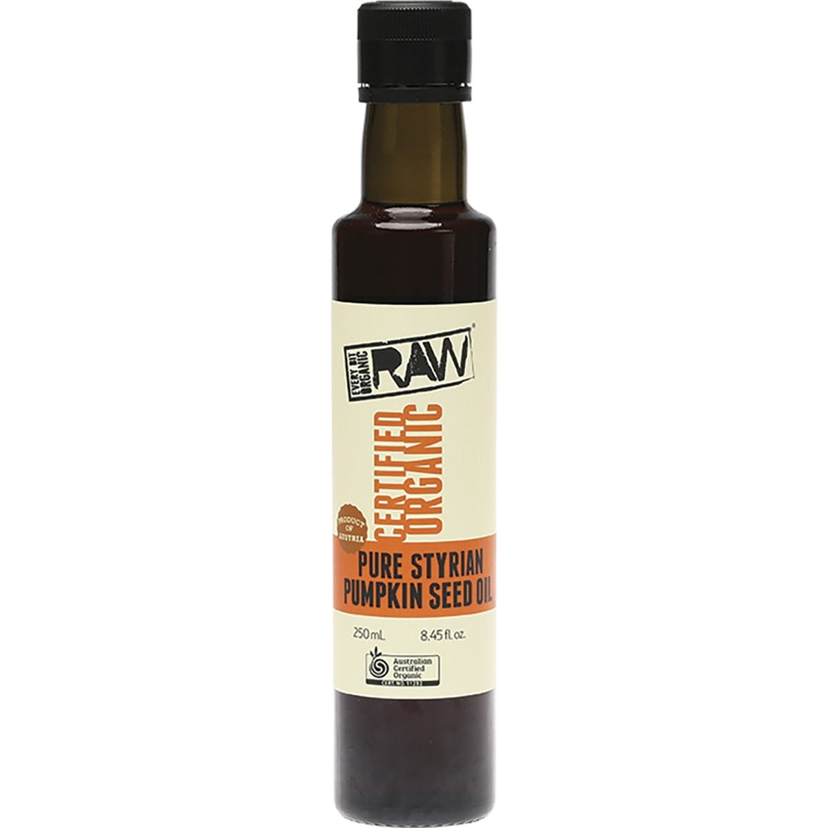 250ml bottle of Every Bit Organic Pure Styrian Pumpkin Seed Oil, cold pressed and unrefined, on a white background.