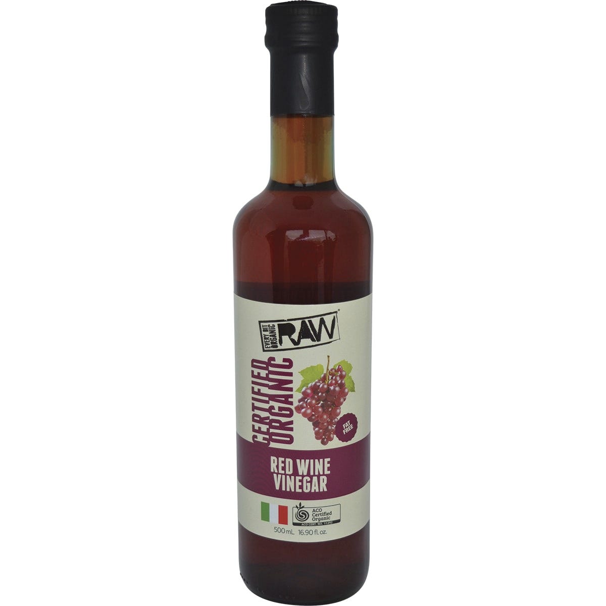 Six 500ml glass bottles of Every Bit Organic Red Wine Vinegar with white and red labels on a white background.