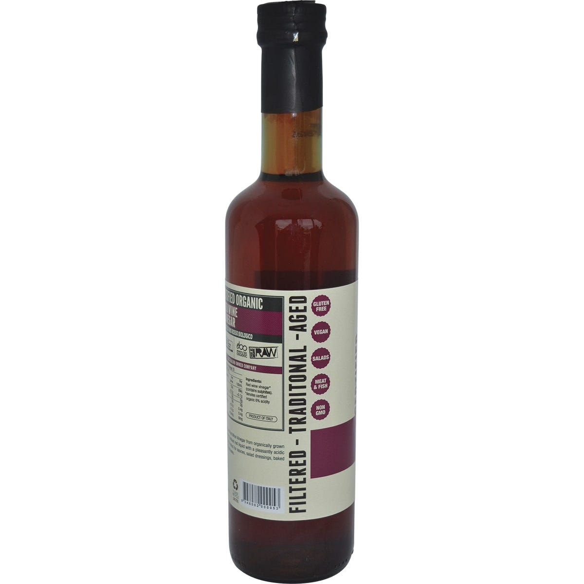 Back of Every Bit Organic Red Wine Vinegar 500ml bottle with nutrition facts and ingredients.