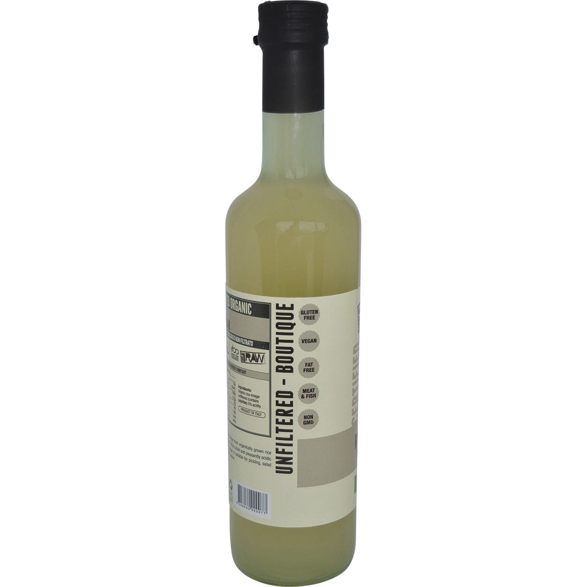 Back of Every Bit Organic Rice Wine Vinegar 500ml bottle with nutrition facts, ingredients, and product of Italy details.