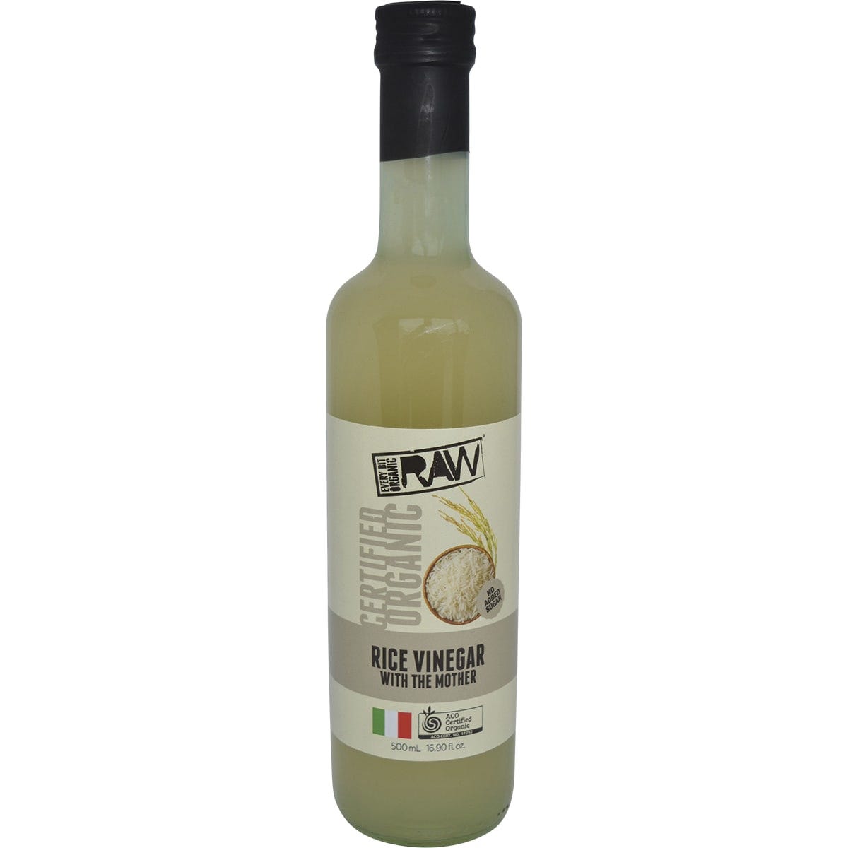 Pack of six 500ml bottles of Every Bit Organic Rice Wine Vinegar with The Mother on a white background.