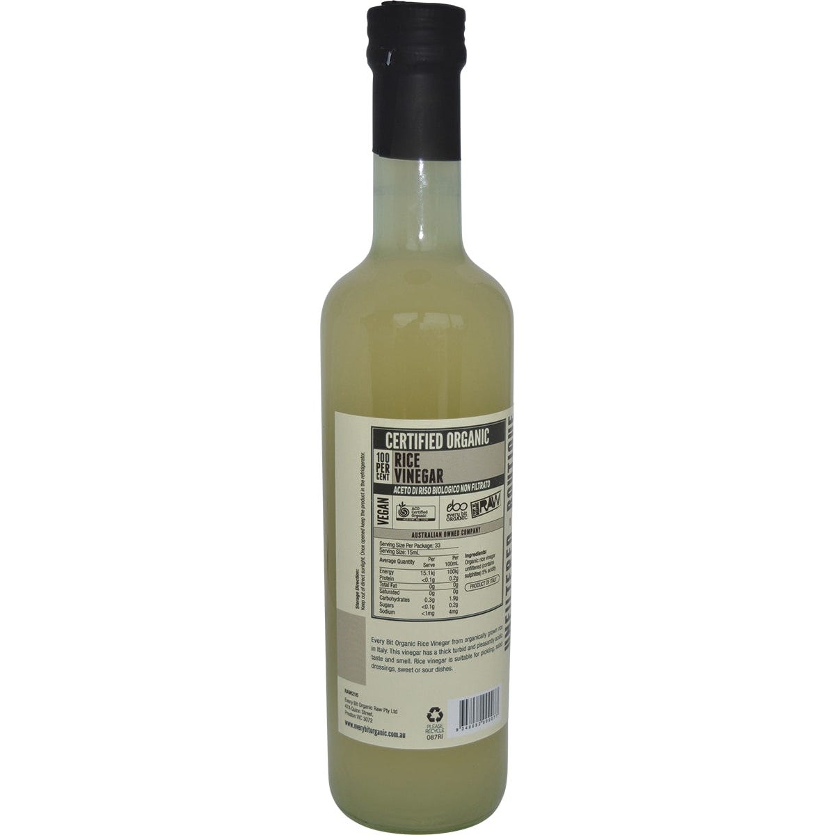 Every Bit Organic 500ml rice wine vinegar bottle with a white and green label and 'with the mother' text.