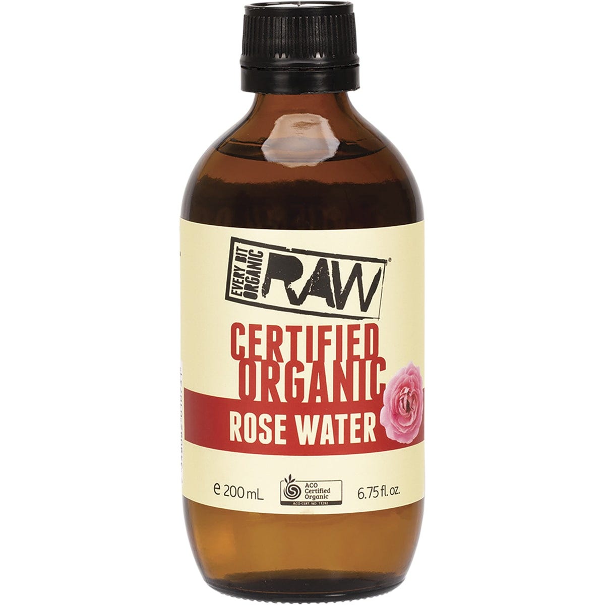 200ml bottle of Every Bit Organic Raw Rose Water featuring a white label with pink rose illustrations.