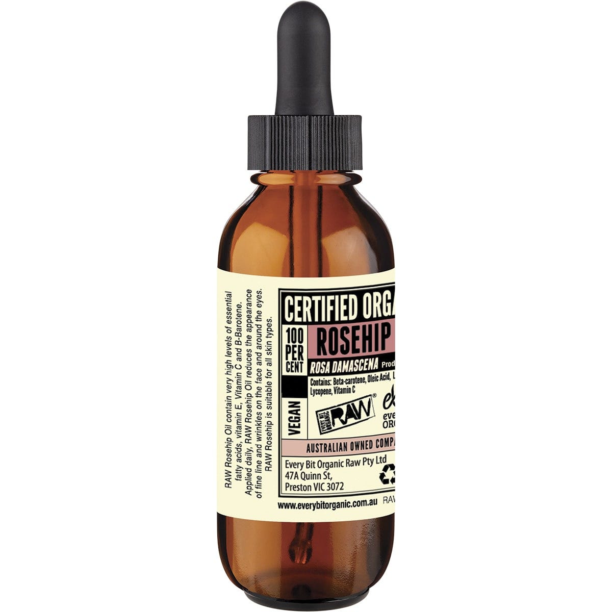 Back of Every Bit Organic Rosehip Oil 25ml bottle with ingredients, directions, and organic certification.