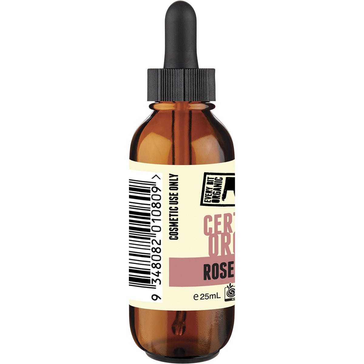 25ml bottle of Every Bit Organic Rosehip Oil with an orange label and dropper on a white background.