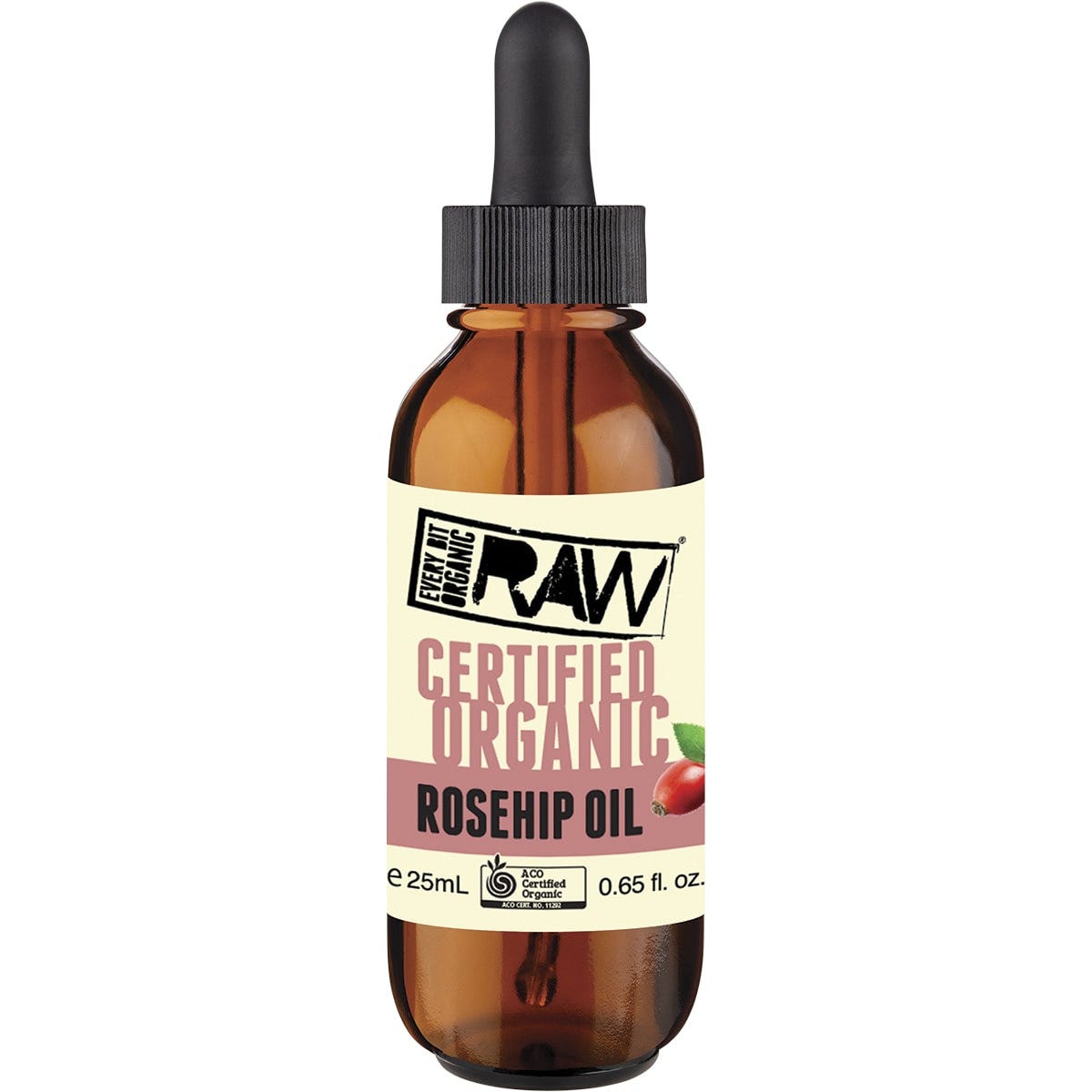 25ml bottle of Every Bit Organic Rosehip Oil with an orange label and dropper, showing Chilean-sourced organic ingredients.