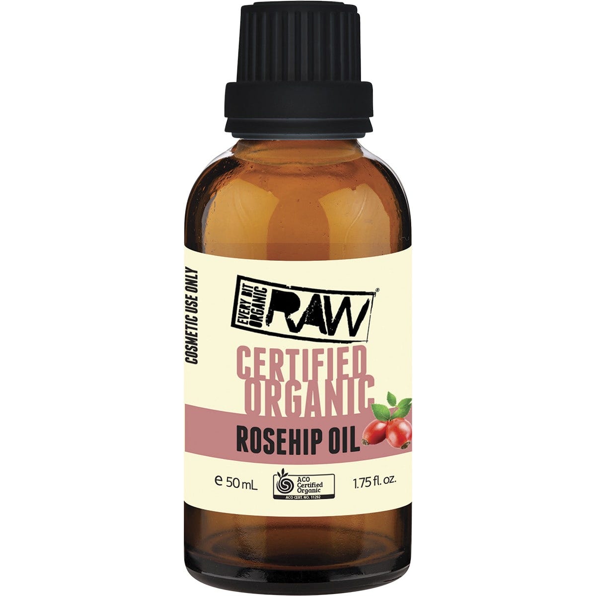 50ml amber glass bottle of Every Bit Organic Rosehip Oil with a black dropper cap and white label.