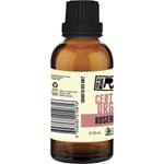 Amber bottle of Every Bit Organic Rosehip Oil with a black dropper cap and white label on a white background.