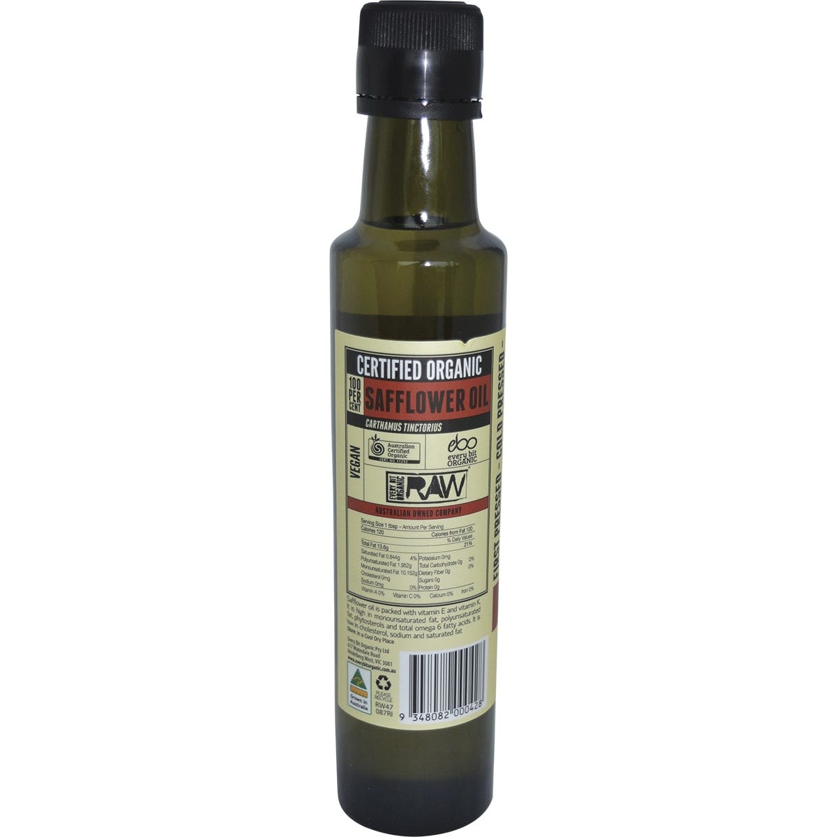 Every Bit Organic Safflower Oil 250ml glass bottle with a white and blue label, cold pressed and unrefined.
