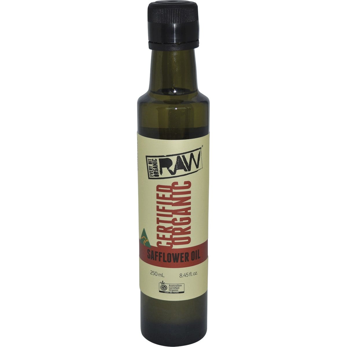 250ml bottle of Every Bit Organic Safflower Oil, cold pressed and unrefined, featuring a clean white and blue label.