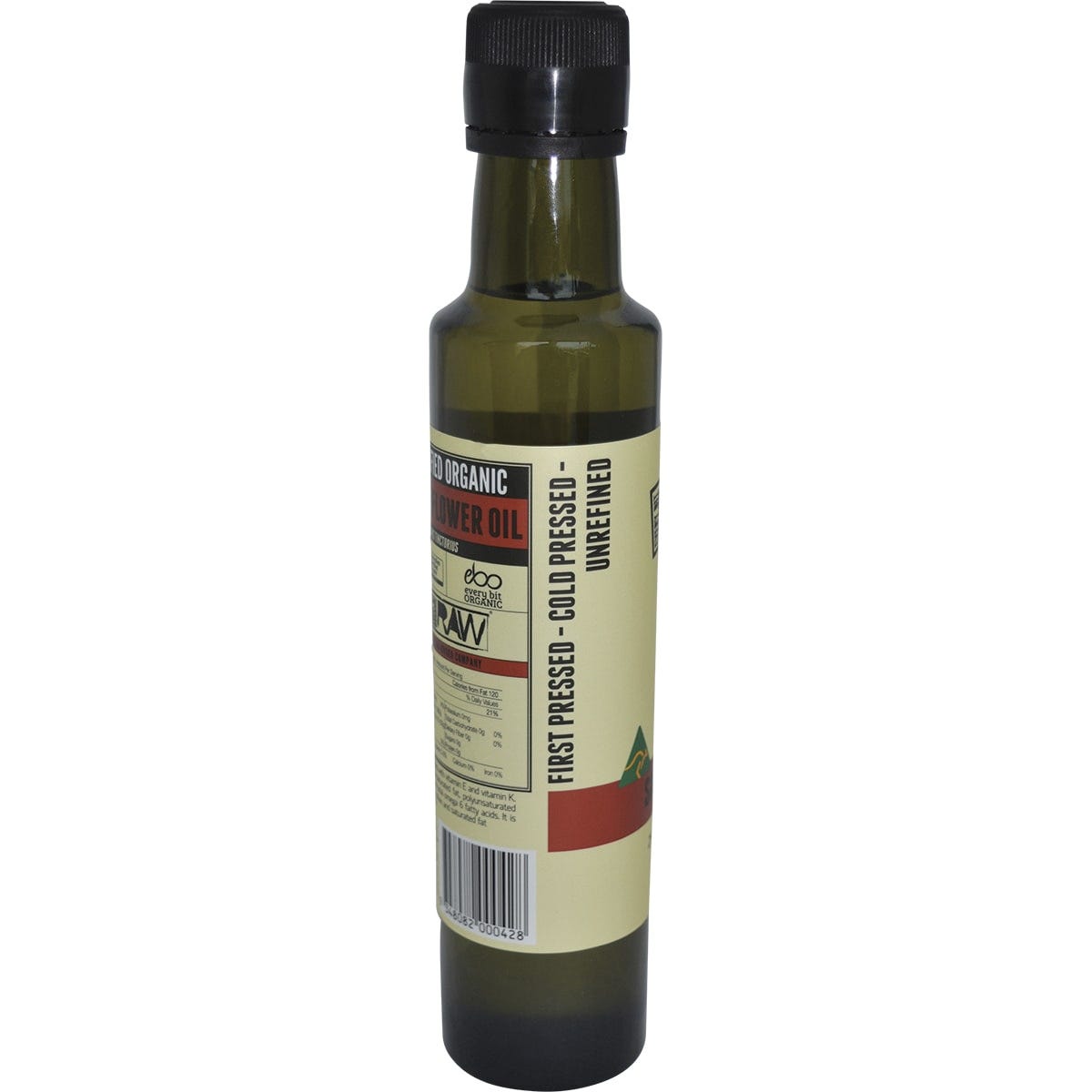 Side view of an Every Bit Organic Safflower Oil 250ml bottle showing nutritional information and storage instructions.