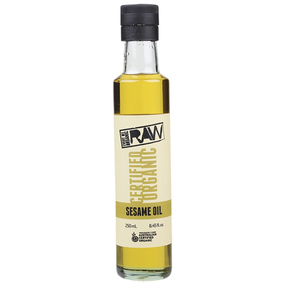 250ml bottle of Every Bit Organic Sesame Oil, extra virgin and cold pressed, with a white and gold label.