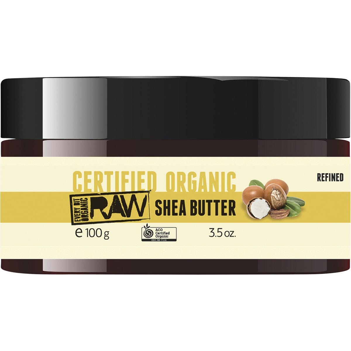 100g tub of Every Bit Organic Raw Shea Butter with a white and gold label on a clean white background.