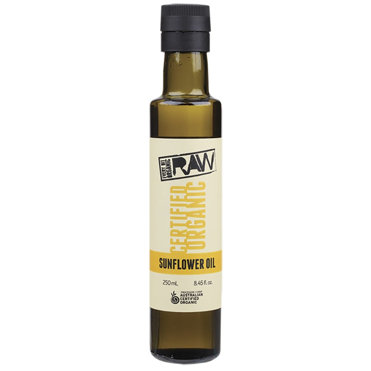 Every Bit Organic 250ml Sunflower Oil bottle, cold pressed and unrefined, featuring a yellow label with a sunflower image.