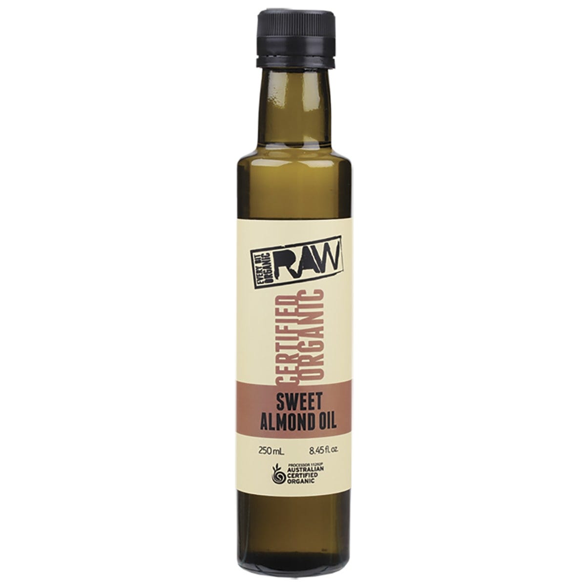250ml bottle of Every Bit Organic Raw Sweet Almond Oil, extra virgin and cold pressed, with a simple white and gold label.