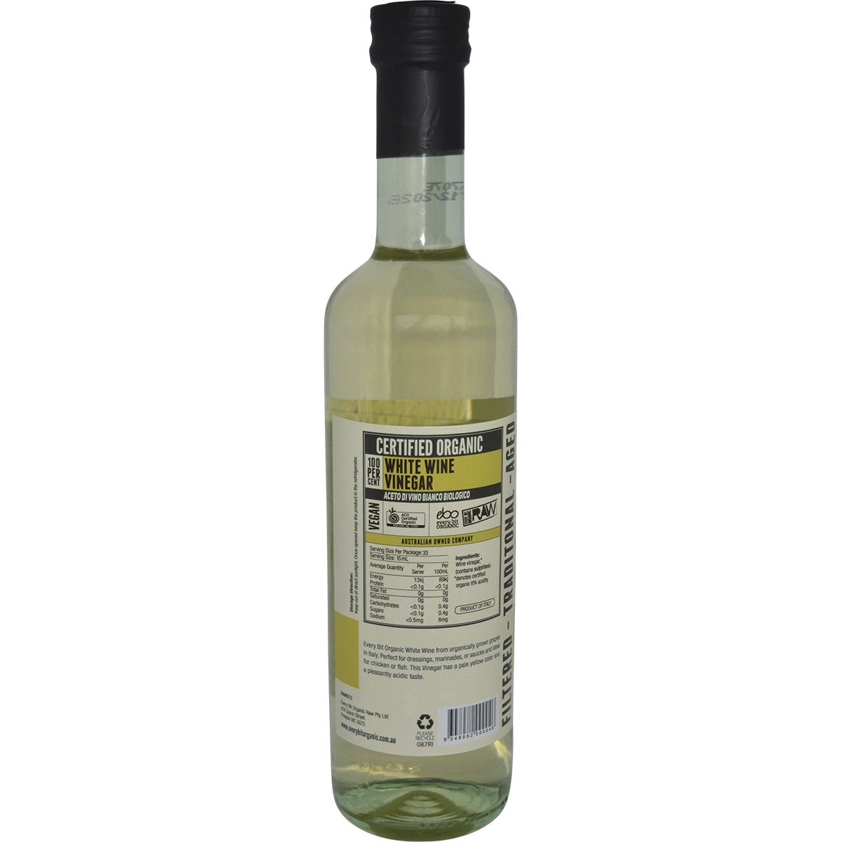 Every Bit Organic 500ml white wine vinegar bottle with a pale yellow liquid and a clean white label.