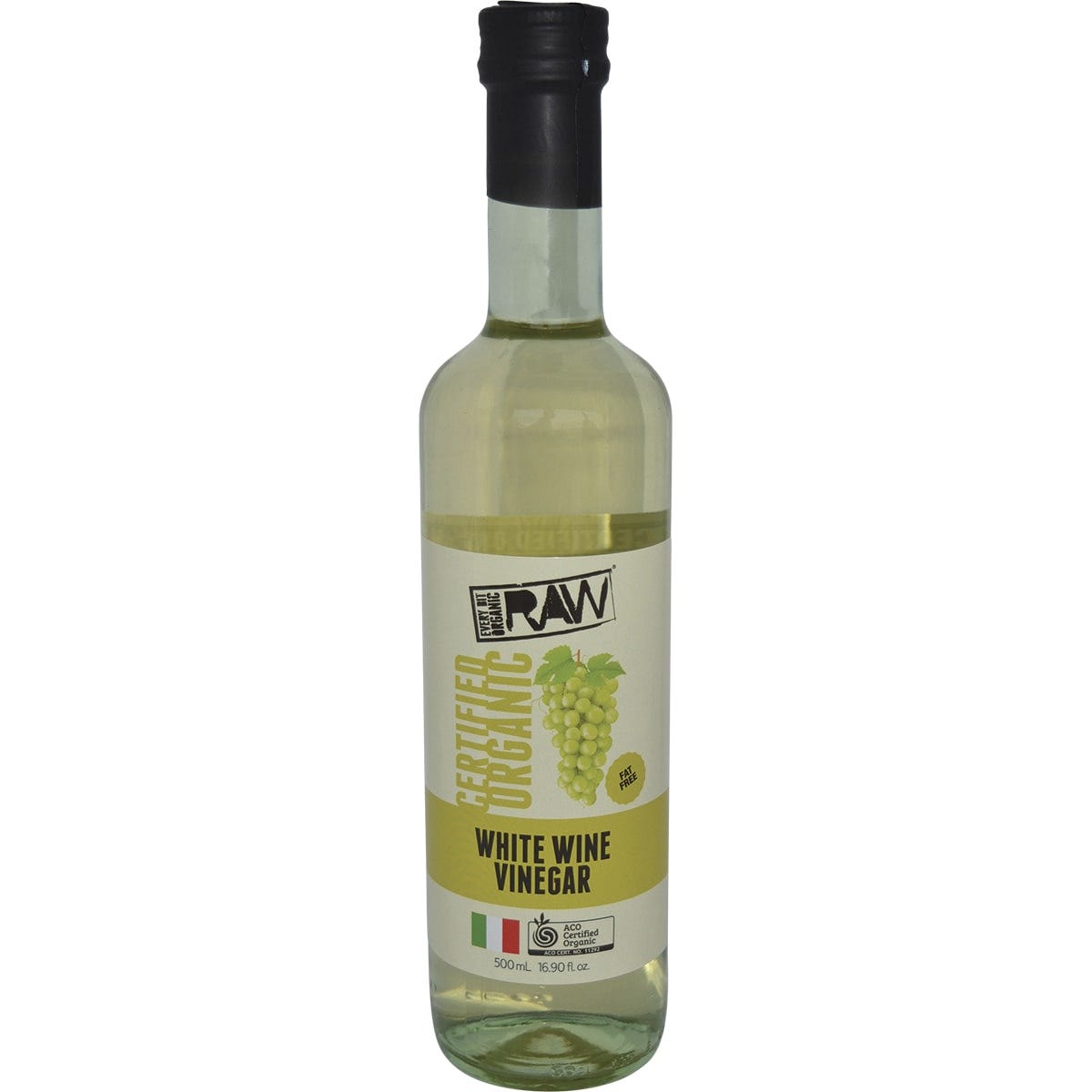 Six-pack of Every Bit Organic 500ml White Wine Vinegar bottles with a pale yellow liquid and clean white labels.