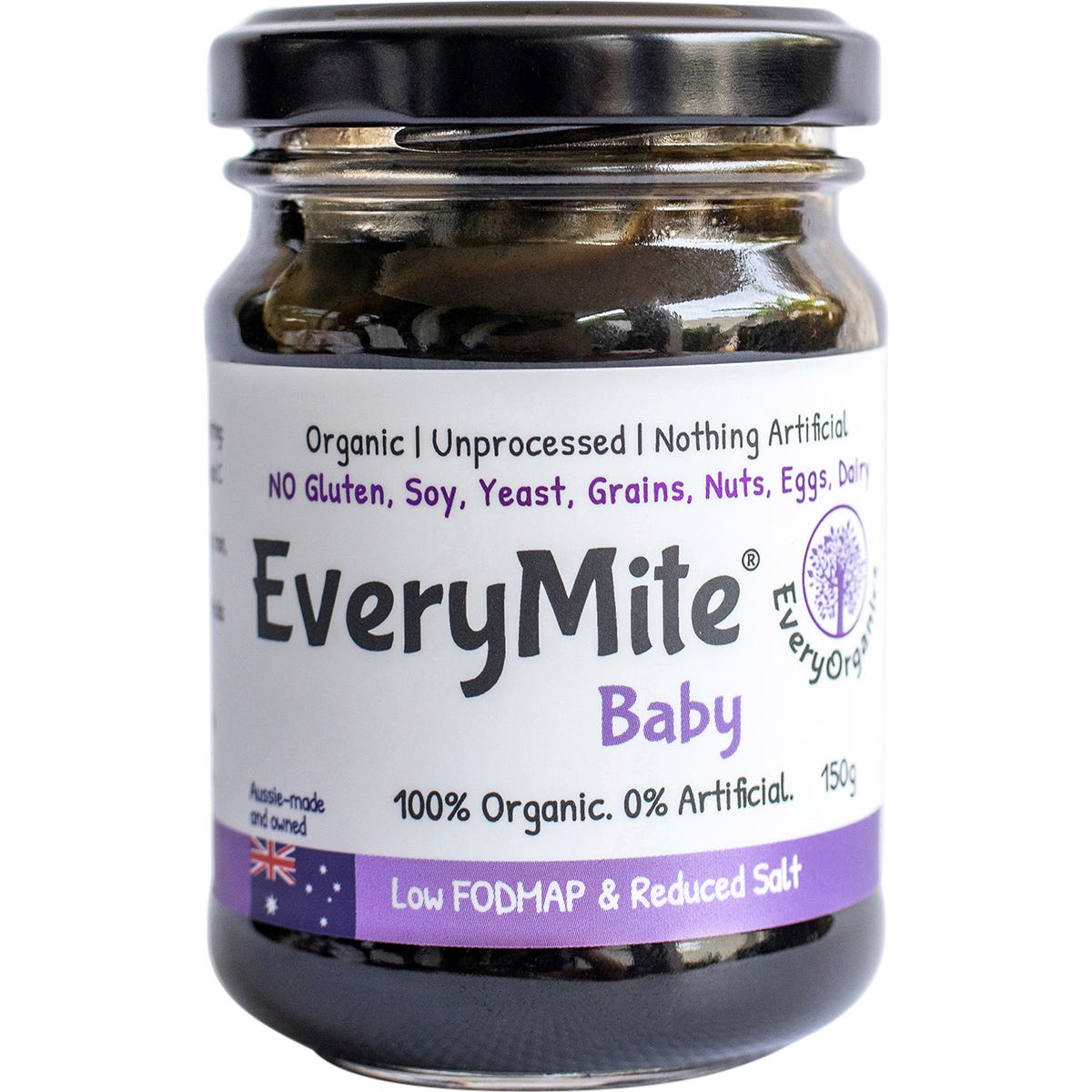 150g jar of EveryOrganics EveryMite Baby Low FODMAP & Reduced Salt, an allergen-friendly organic spread.