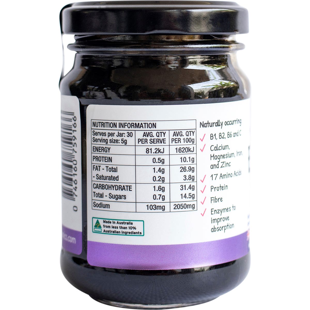 150g jar of EveryOrganics EveryMite Baby, a low FODMAP and reduced salt organic spread featuring black sesame seeds.