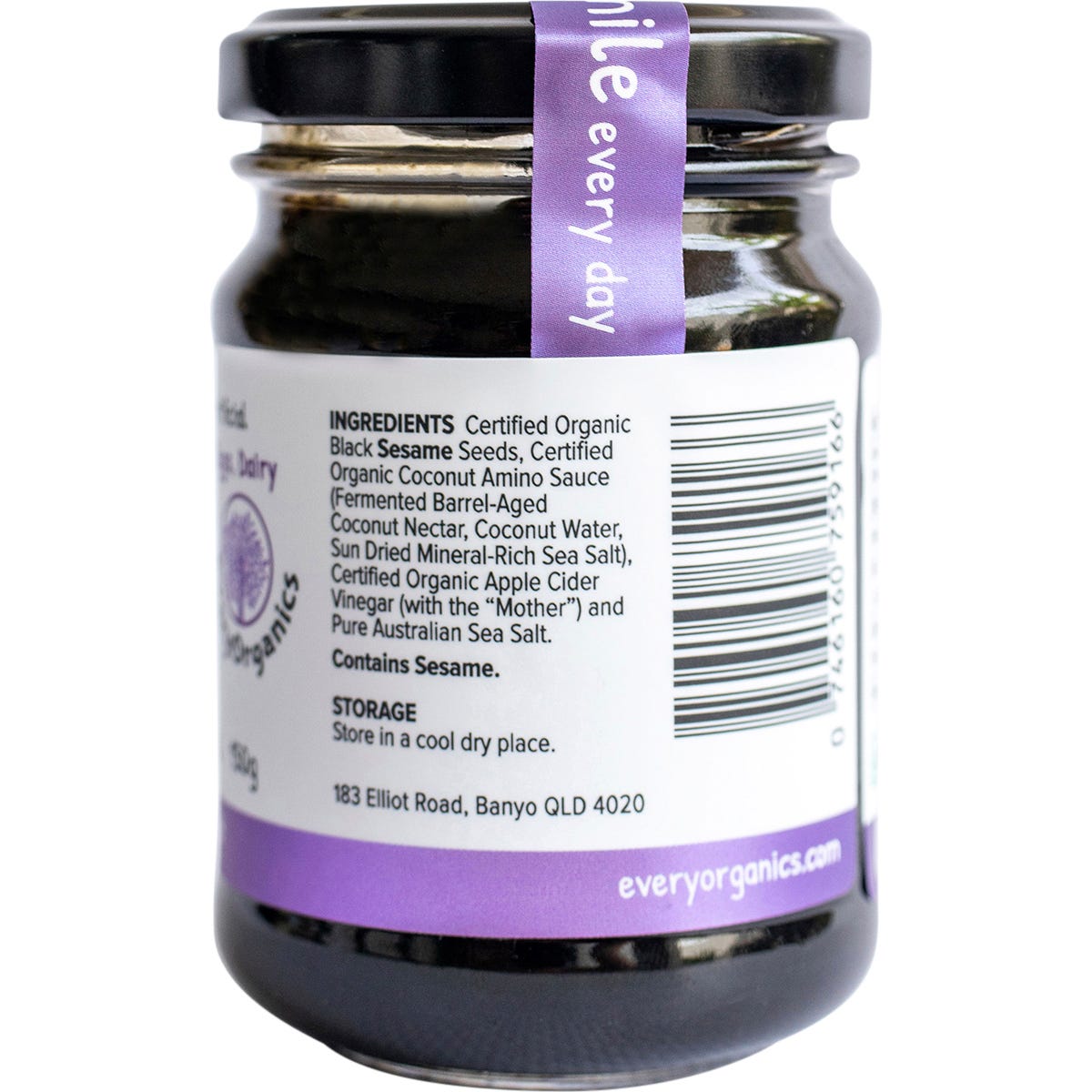 Back of EveryOrganics EveryMite Baby 150g jar showing nutritional information and a list of organic ingredients.