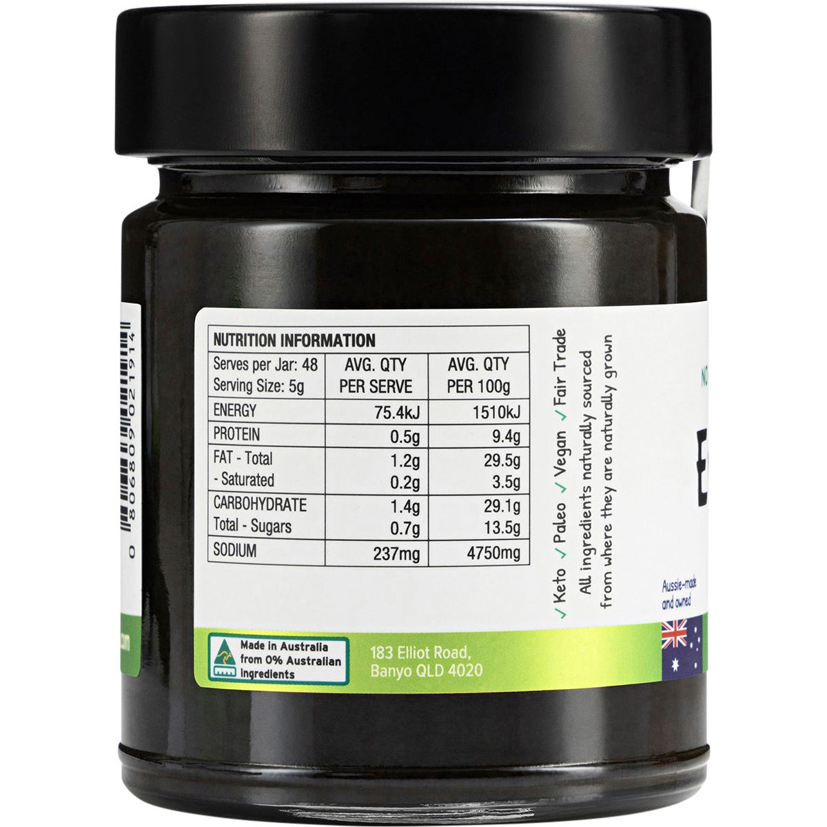 EveryOrganics EveryMite FODMAP Friendly 240g jar showing ingredients and nutritional information on the blue label.